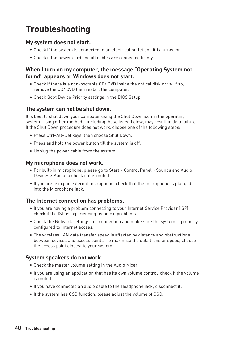 Troubleshooting, My system does not start, The system can not be shut down | My microphone does not work, The internet connection has problems, System speakers do not work | MSI 27" Modern AM272P All-in-One Desktop Computer (Black) User Manual | Page 40 / 49
