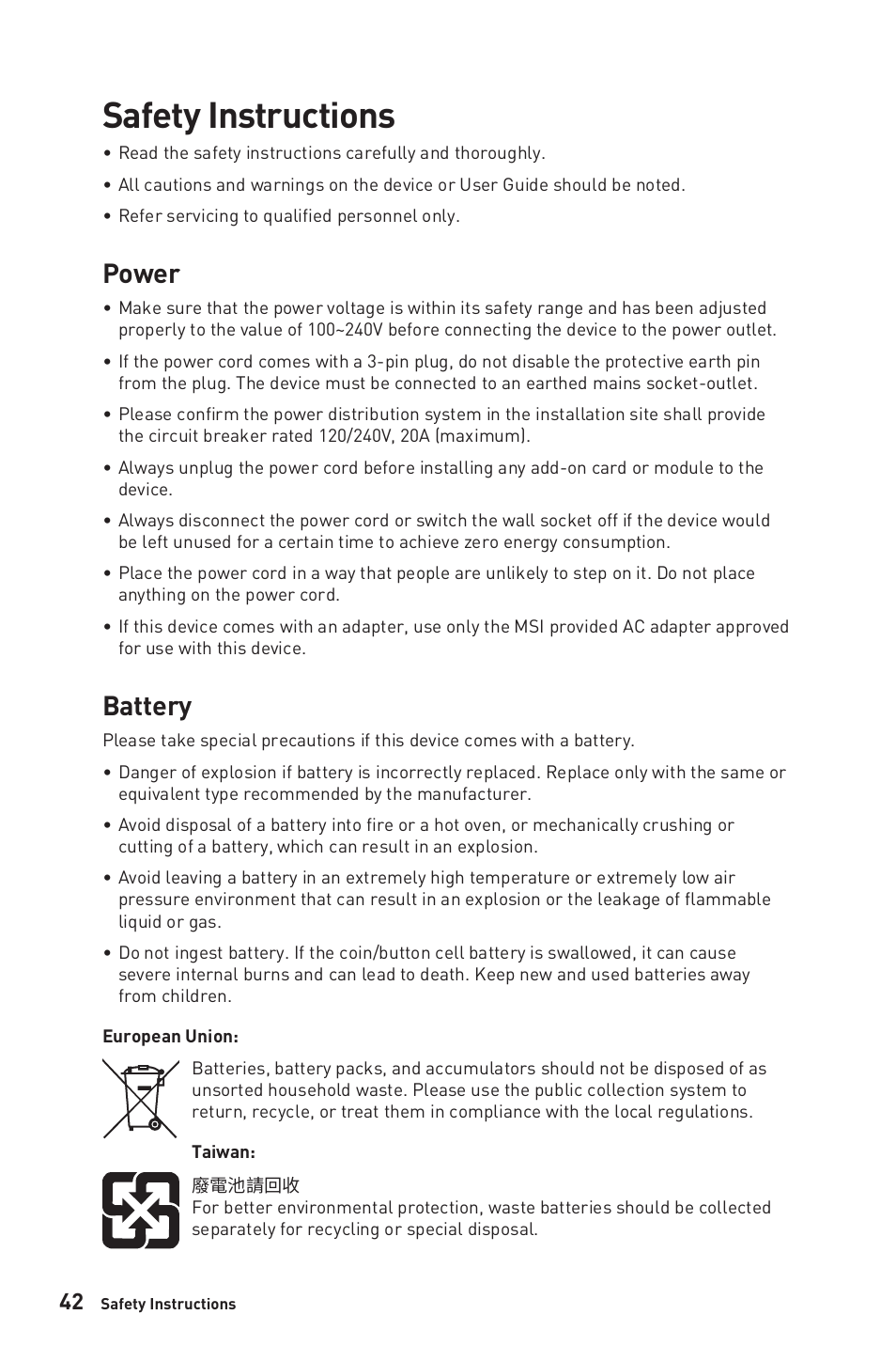 Safety instructions, Power, Battery | MSI 27" Modern AM272P All-in-One Desktop Computer (Black) User Manual | Page 42 / 49