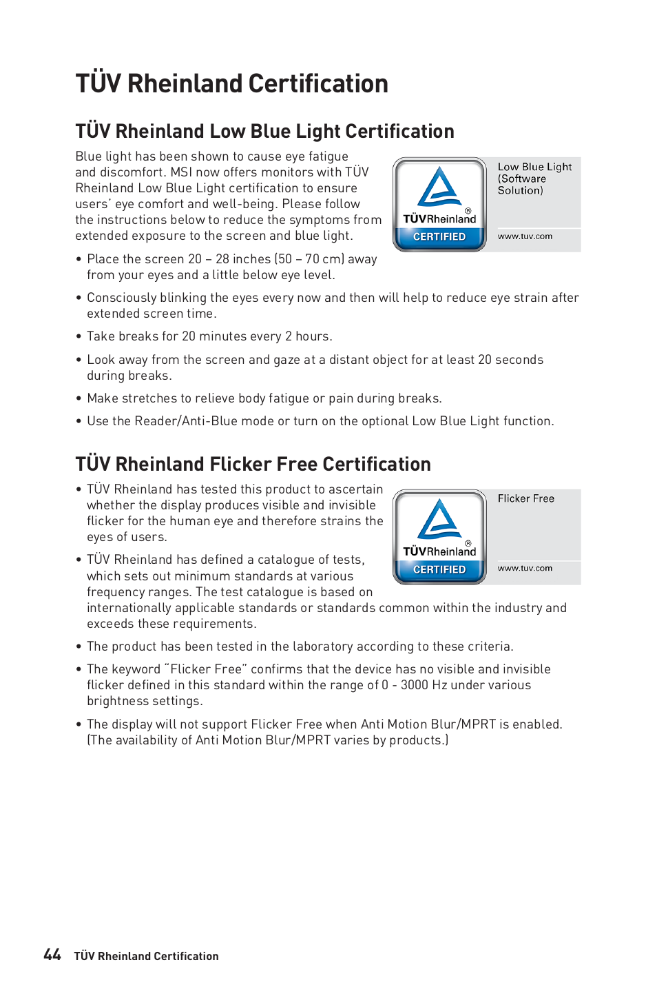 Tüv rheinland certification, Tüv rheinland low blue light certification, Tüv rheinland flicker free certification | MSI 27" Modern AM272P All-in-One Desktop Computer (Black) User Manual | Page 44 / 49