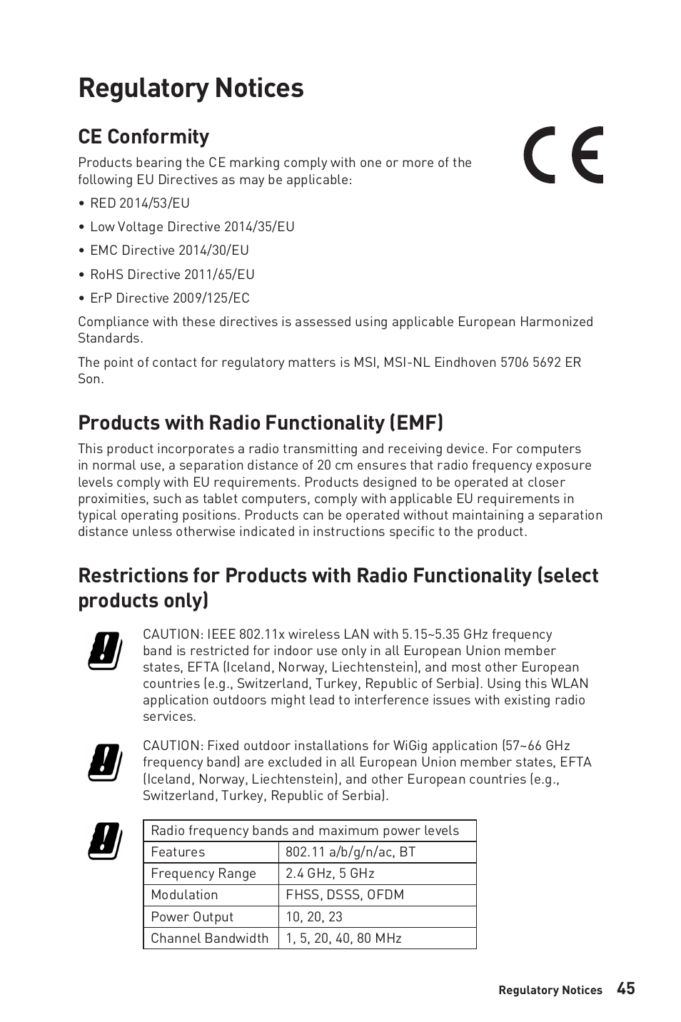 Regulatory notices, Ce conformity, Products with radio functionality (emf) | MSI 27" Modern AM272P All-in-One Desktop Computer (Black) User Manual | Page 45 / 49