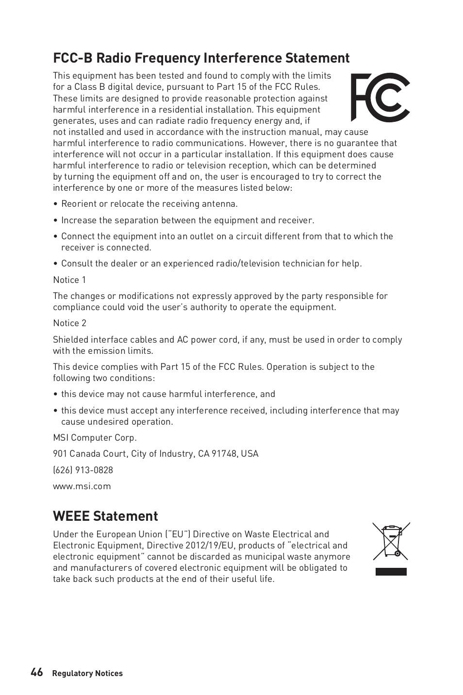 Fcc-b radio frequency interference statement, Weee statement | MSI 27" Modern AM272P All-in-One Desktop Computer (Black) User Manual | Page 46 / 49