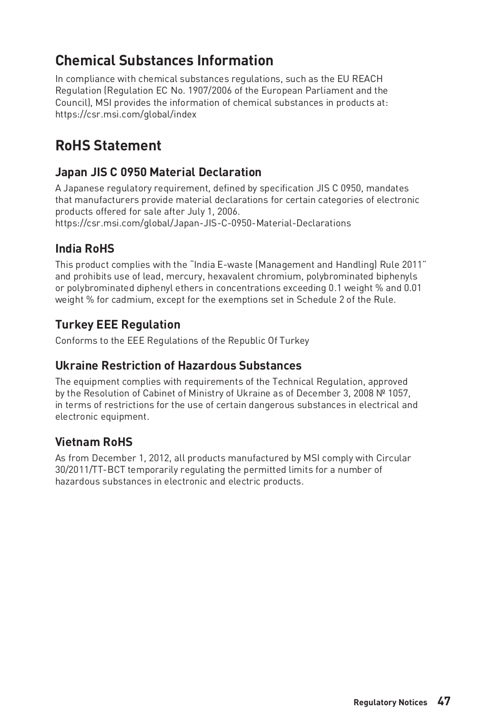 Chemical substances information, Rohs statement | MSI 27" Modern AM272P All-in-One Desktop Computer (Black) User Manual | Page 47 / 49