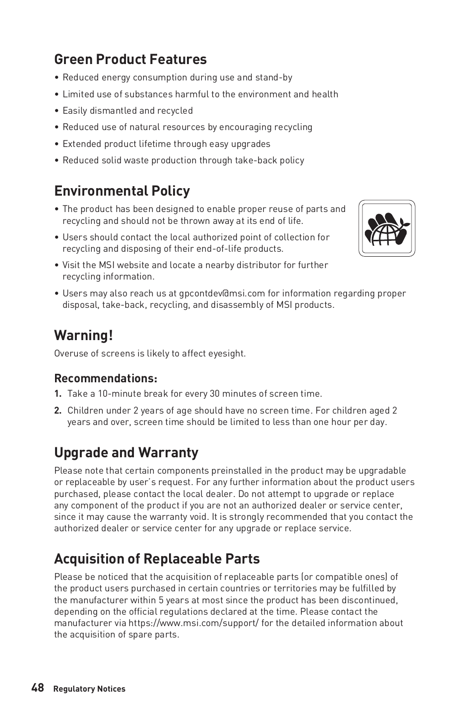 Green product features, Environmental policy, Warning | Upgrade and warranty, Acquisition of replaceable parts, Recommendations | MSI 27" Modern AM272P All-in-One Desktop Computer (Black) User Manual | Page 48 / 49