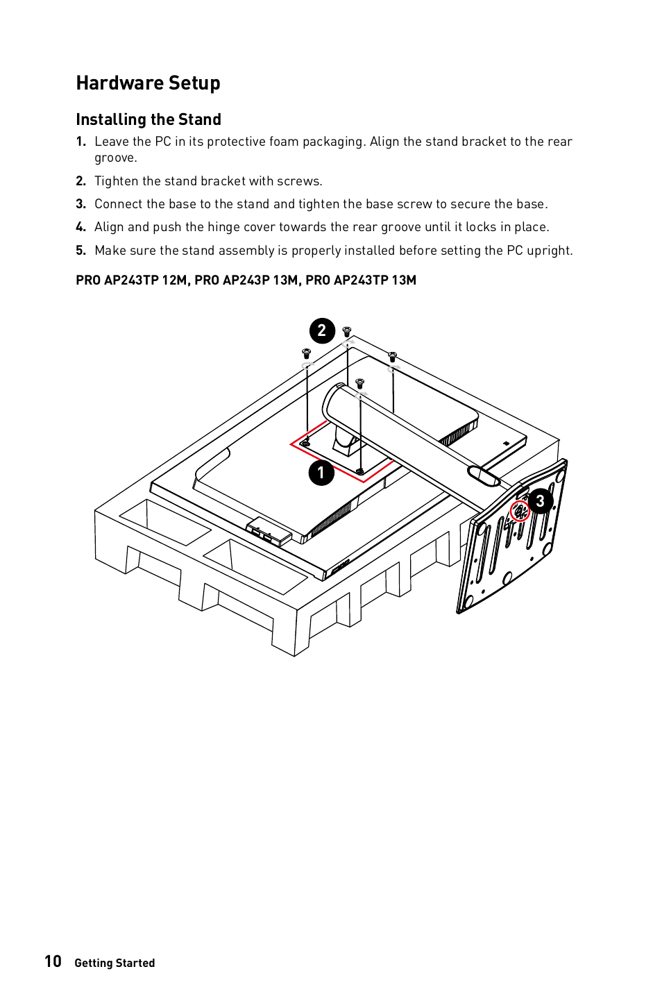 Hardware setup | MSI 23.8" PRO AP243TP 12M Multi-Touch All-in-One Desktop Computer User Manual | Page 10 / 42