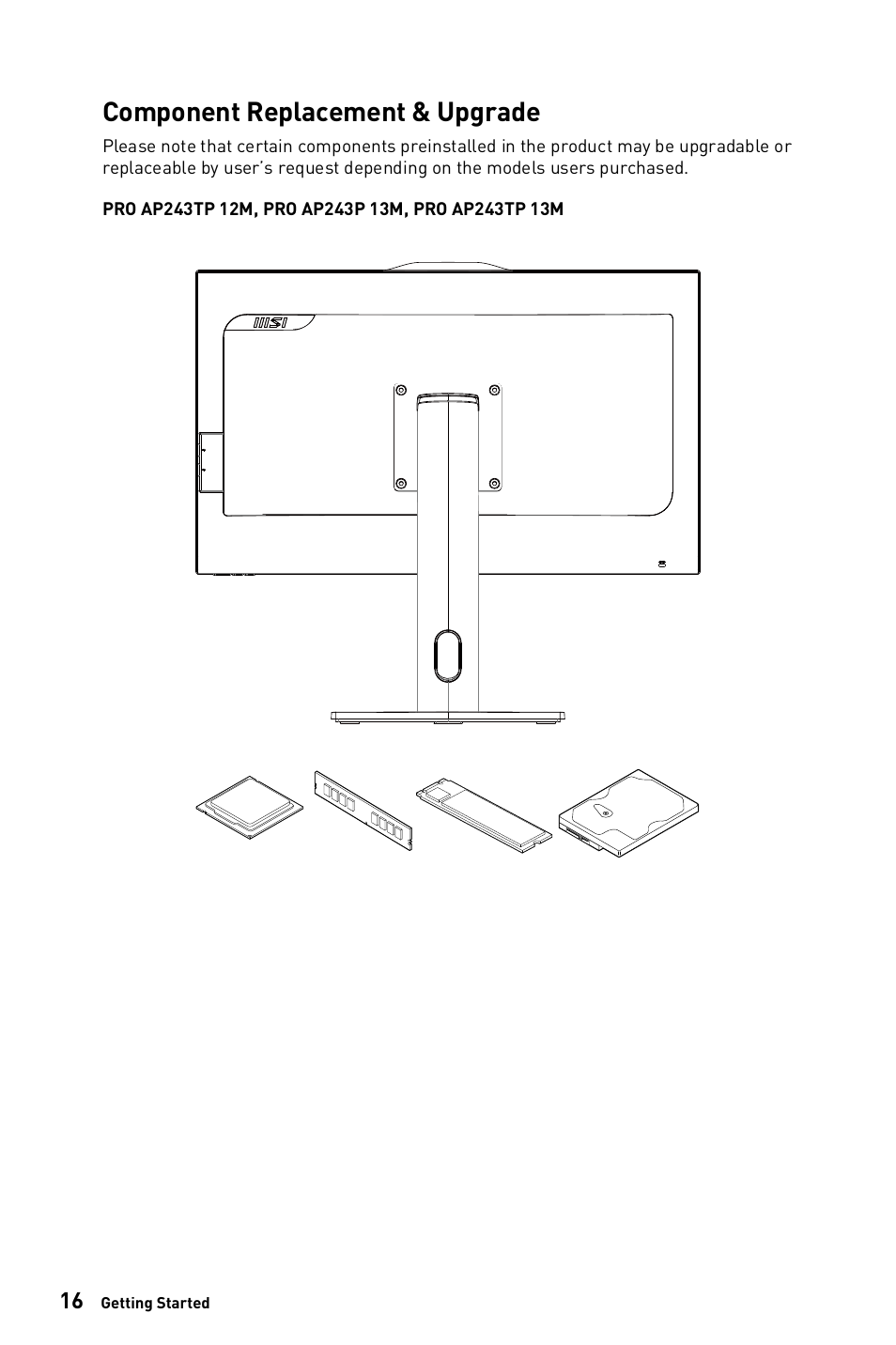 Component replacement & upgrade | MSI 23.8" PRO AP243TP 12M Multi-Touch All-in-One Desktop Computer User Manual | Page 16 / 42