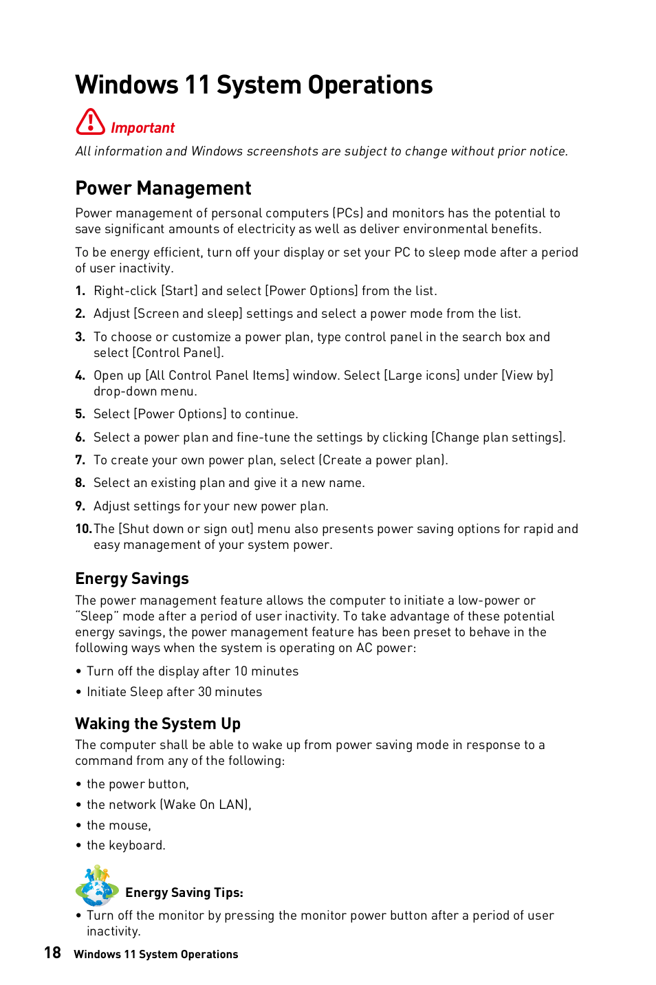 Windows 11 system operations, Power management, Energy savings | Waking the system up | MSI 23.8" PRO AP243TP 12M Multi-Touch All-in-One Desktop Computer User Manual | Page 18 / 42