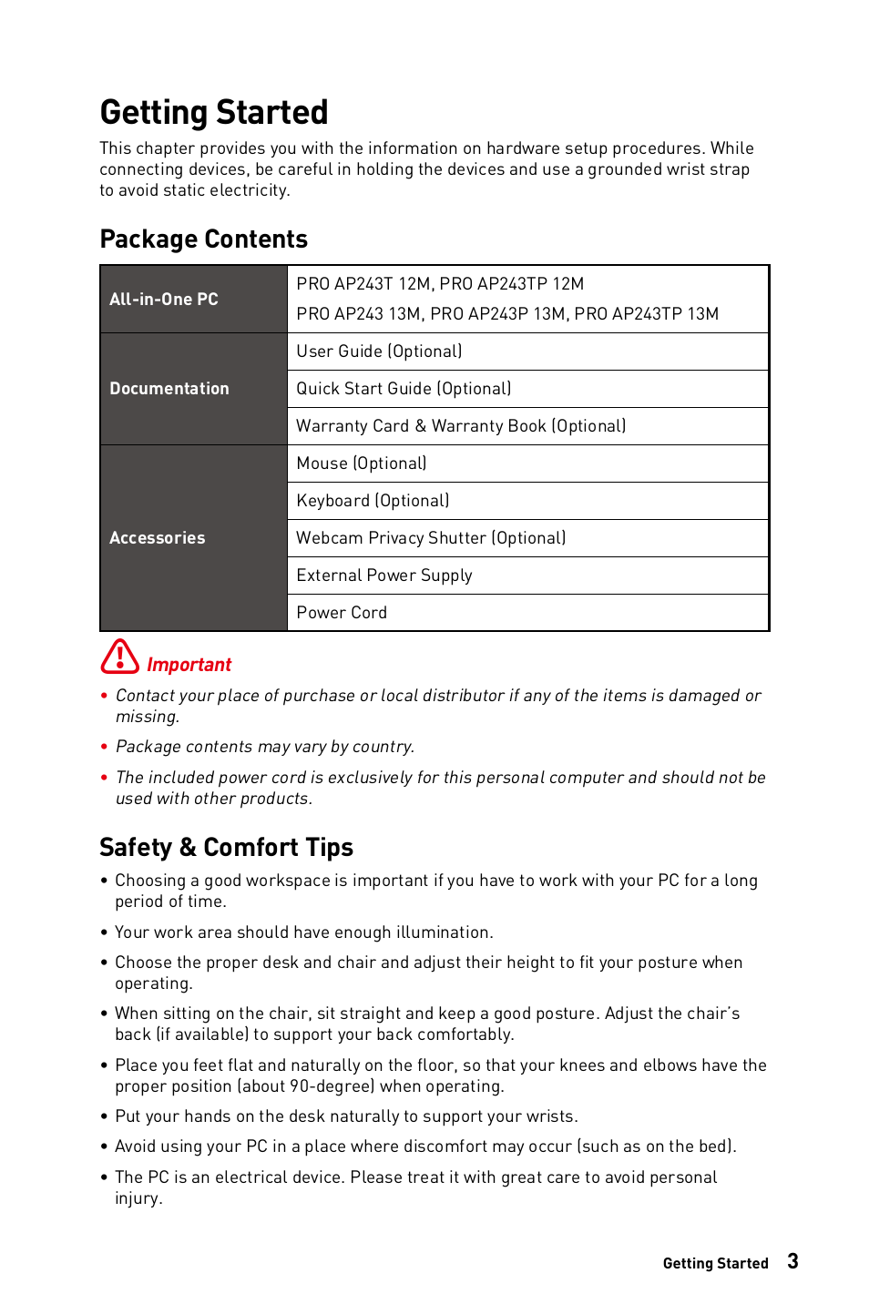 Getting started, Package contents, Safety & comfort tips | Package contents safety & comfort tips | MSI 23.8" PRO AP243TP 12M Multi-Touch All-in-One Desktop Computer User Manual | Page 3 / 42