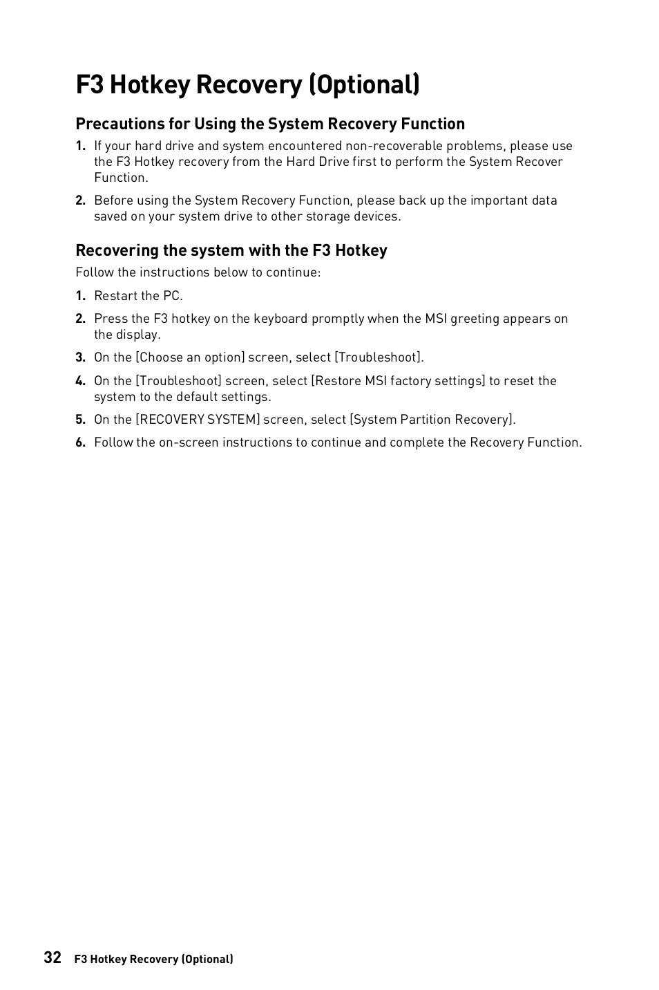 F3 hotkey recovery (optional) | MSI 23.8" PRO AP243TP 12M Multi-Touch All-in-One Desktop Computer User Manual | Page 32 / 42