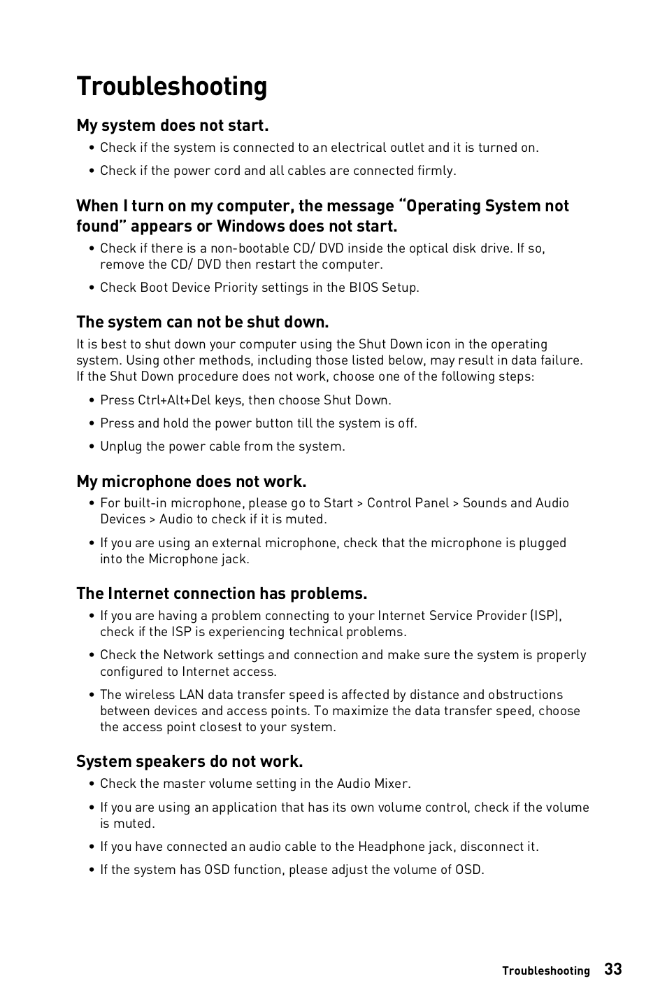 Troubleshooting | MSI 23.8" PRO AP243TP 12M Multi-Touch All-in-One Desktop Computer User Manual | Page 33 / 42