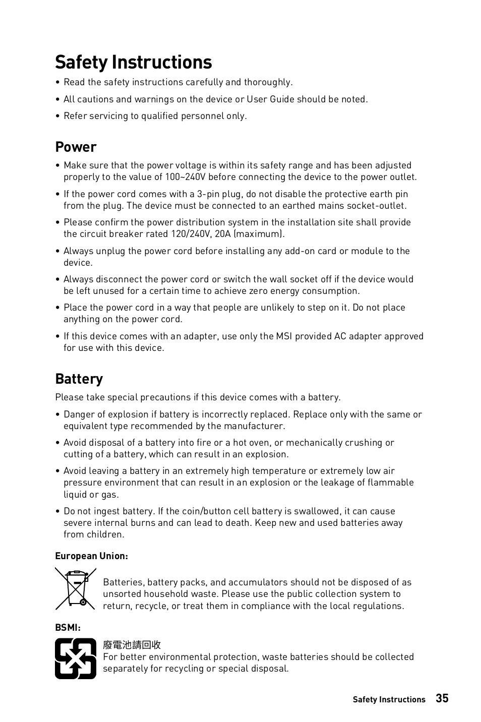 Safety instructions, Power, Battery | MSI 23.8" PRO AP243TP 12M Multi-Touch All-in-One Desktop Computer User Manual | Page 35 / 42