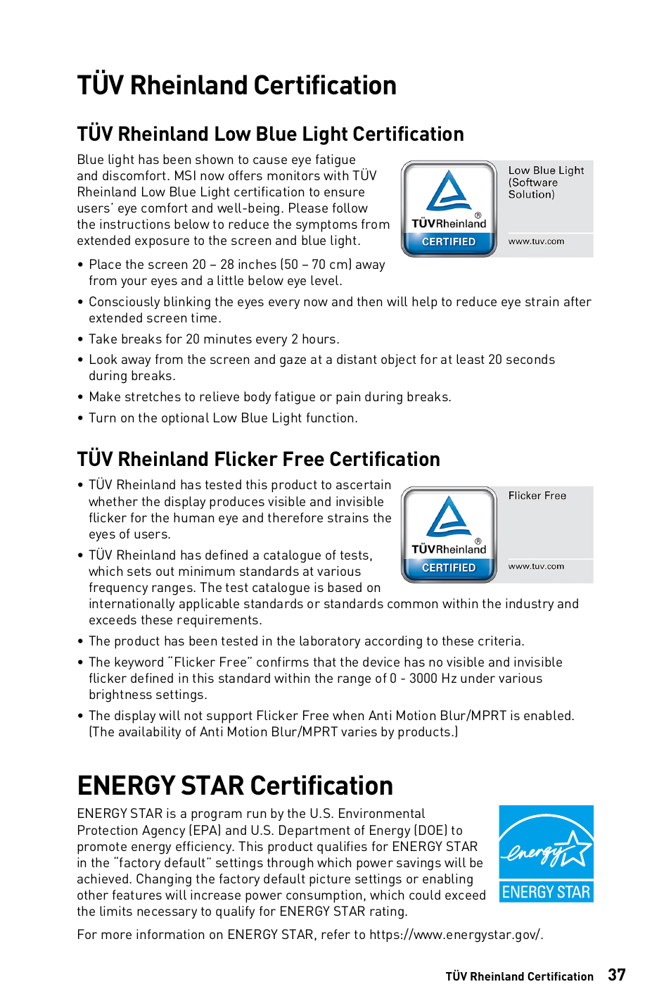 Tüv rheinland certification, Energy star certification, Tüv rheinland low blue light certification | Tüv rheinland flicker free certification | MSI 23.8" PRO AP243TP 12M Multi-Touch All-in-One Desktop Computer User Manual | Page 37 / 42