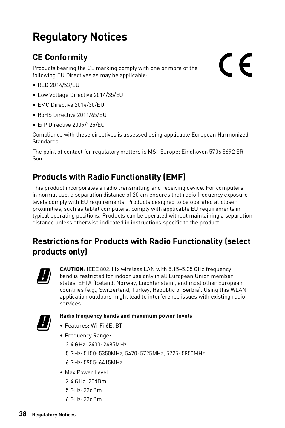 Regulatory notices, Ce conformity, Products with radio functionality (emf) | MSI 23.8" PRO AP243TP 12M Multi-Touch All-in-One Desktop Computer User Manual | Page 38 / 42