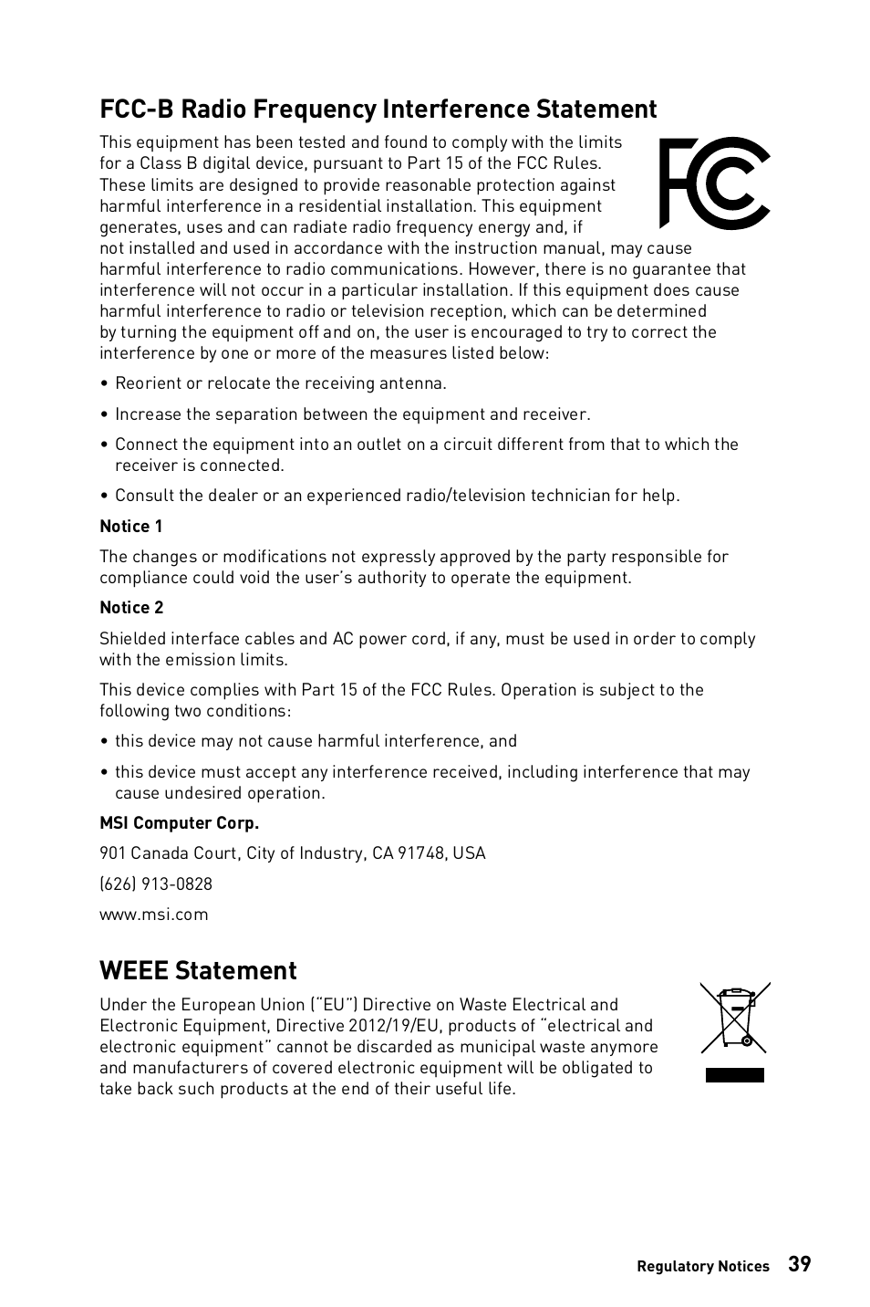 Fcc-b radio frequency interference statement, Weee statement | MSI 23.8" PRO AP243TP 12M Multi-Touch All-in-One Desktop Computer User Manual | Page 39 / 42