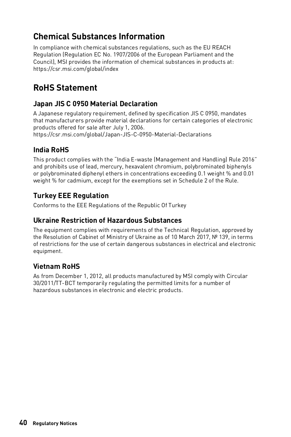 Chemical substances information, Rohs statement | MSI 23.8" PRO AP243TP 12M Multi-Touch All-in-One Desktop Computer User Manual | Page 40 / 42