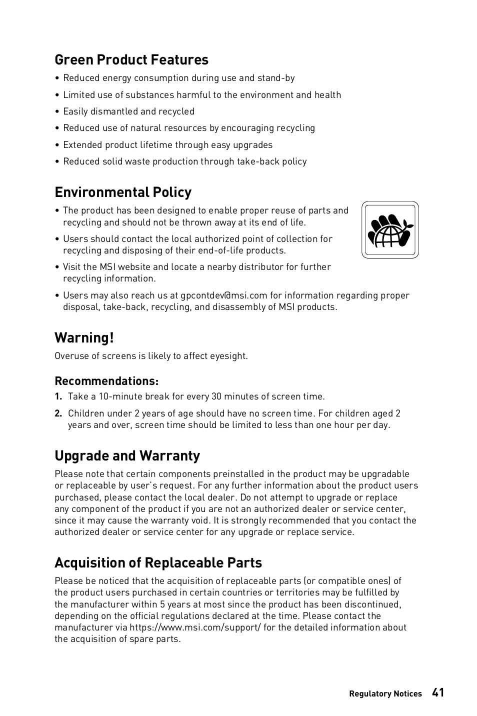 Green product features, Environmental policy, Warning | Upgrade and warranty, Acquisition of replaceable parts, Recommendations | MSI 23.8" PRO AP243TP 12M Multi-Touch All-in-One Desktop Computer User Manual | Page 41 / 42