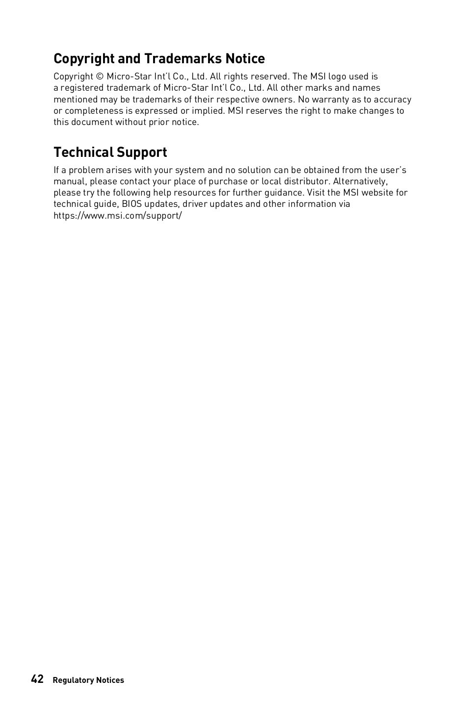 Copyright and trademarks notice, Technical support | MSI 23.8" PRO AP243TP 12M Multi-Touch All-in-One Desktop Computer User Manual | Page 42 / 42