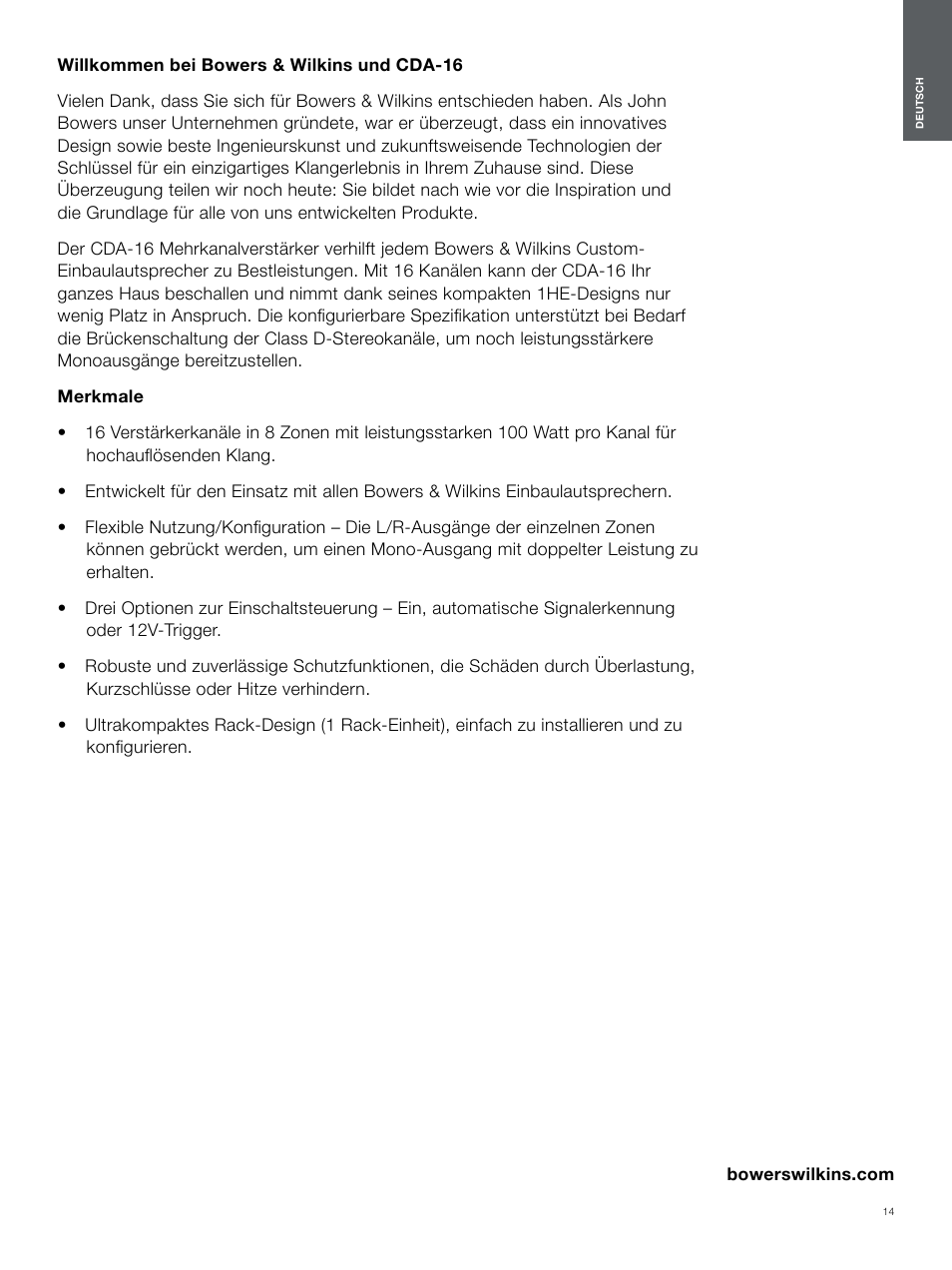 Deutsch | Bowers & Wilkins CDA-16 16-Channel 8 Zone Distribution Amplifier User Manual | Page 14 / 73