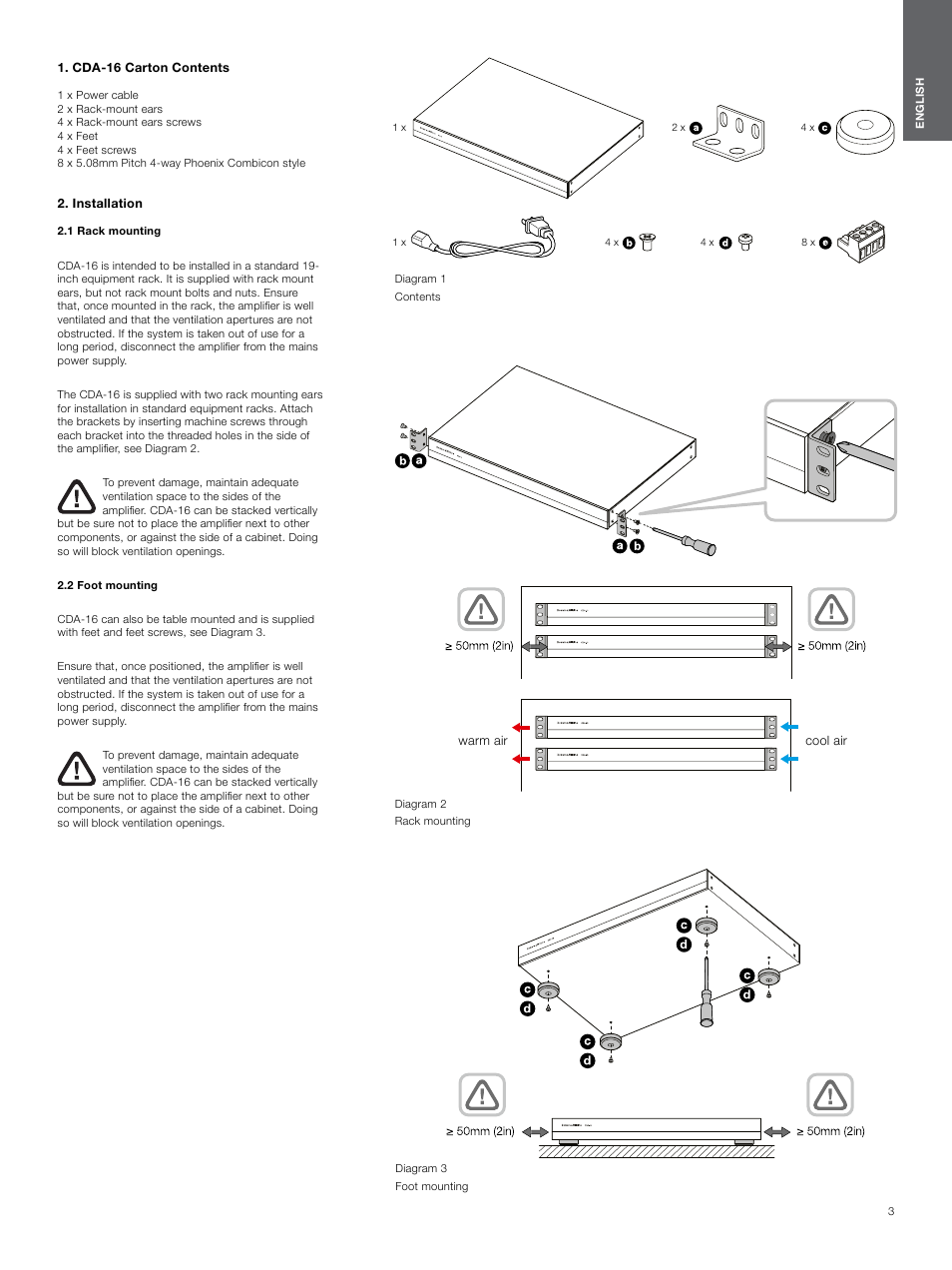 Cda-16 carton contents, Installation, 1 rack mounting | 2 foot mounting, Cda-16 carton contents 3 | Bowers & Wilkins CDA-16 16-Channel 8 Zone Distribution Amplifier User Manual | Page 3 / 73