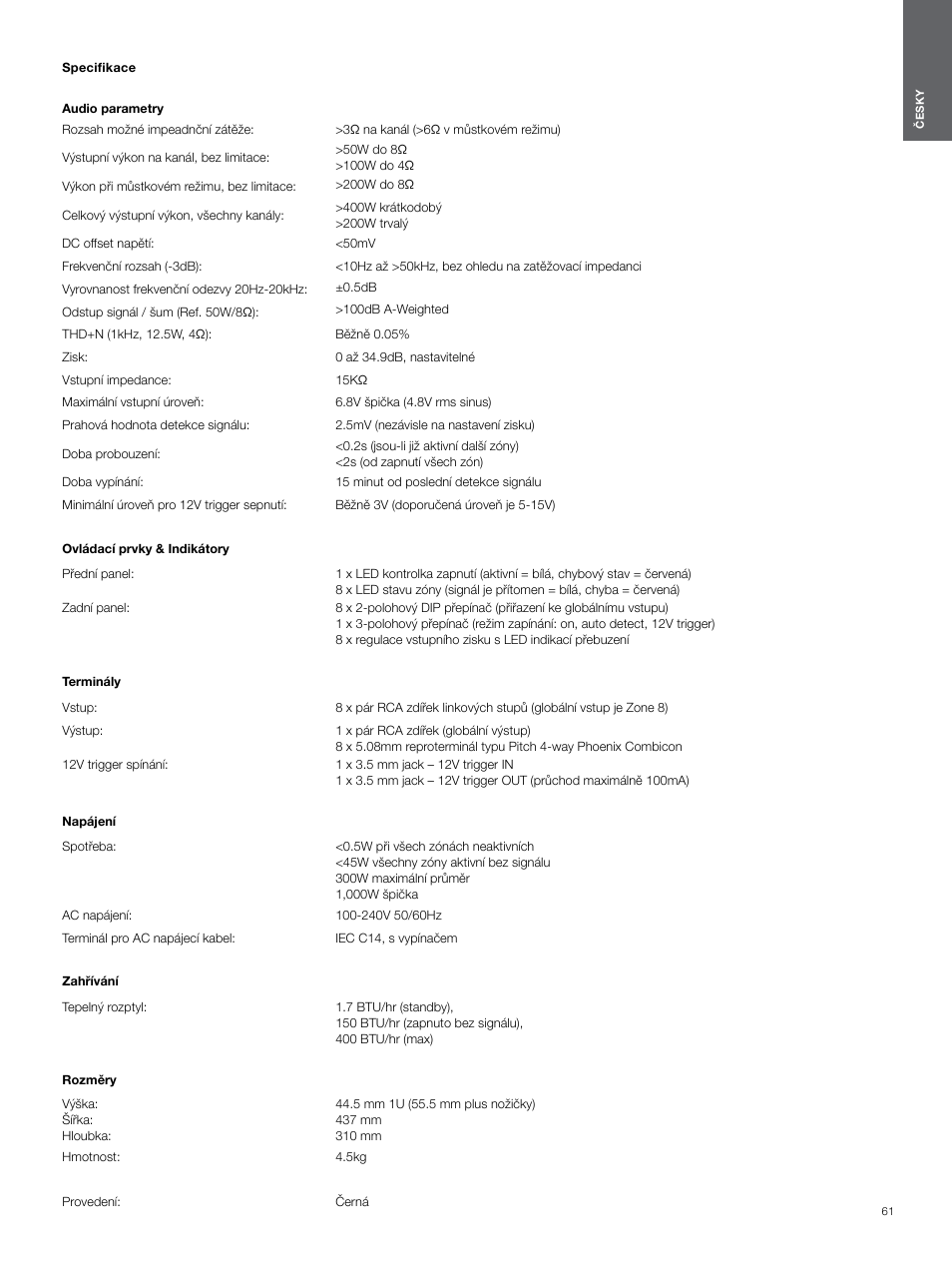 Specifikace | Bowers & Wilkins CDA-16 16-Channel 8 Zone Distribution Amplifier User Manual | Page 61 / 73