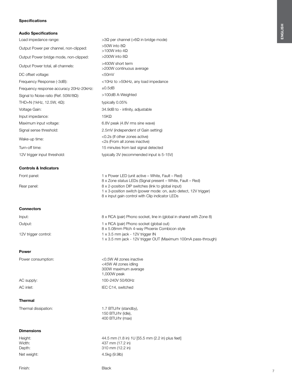 Specifications | Bowers & Wilkins CDA-16 16-Channel 8 Zone Distribution Amplifier User Manual | Page 7 / 73