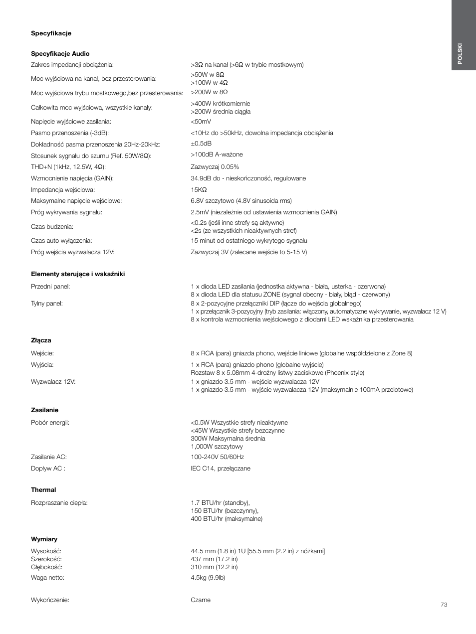 Specyfikacje | Bowers & Wilkins CDA-16 16-Channel 8 Zone Distribution Amplifier User Manual | Page 73 / 73