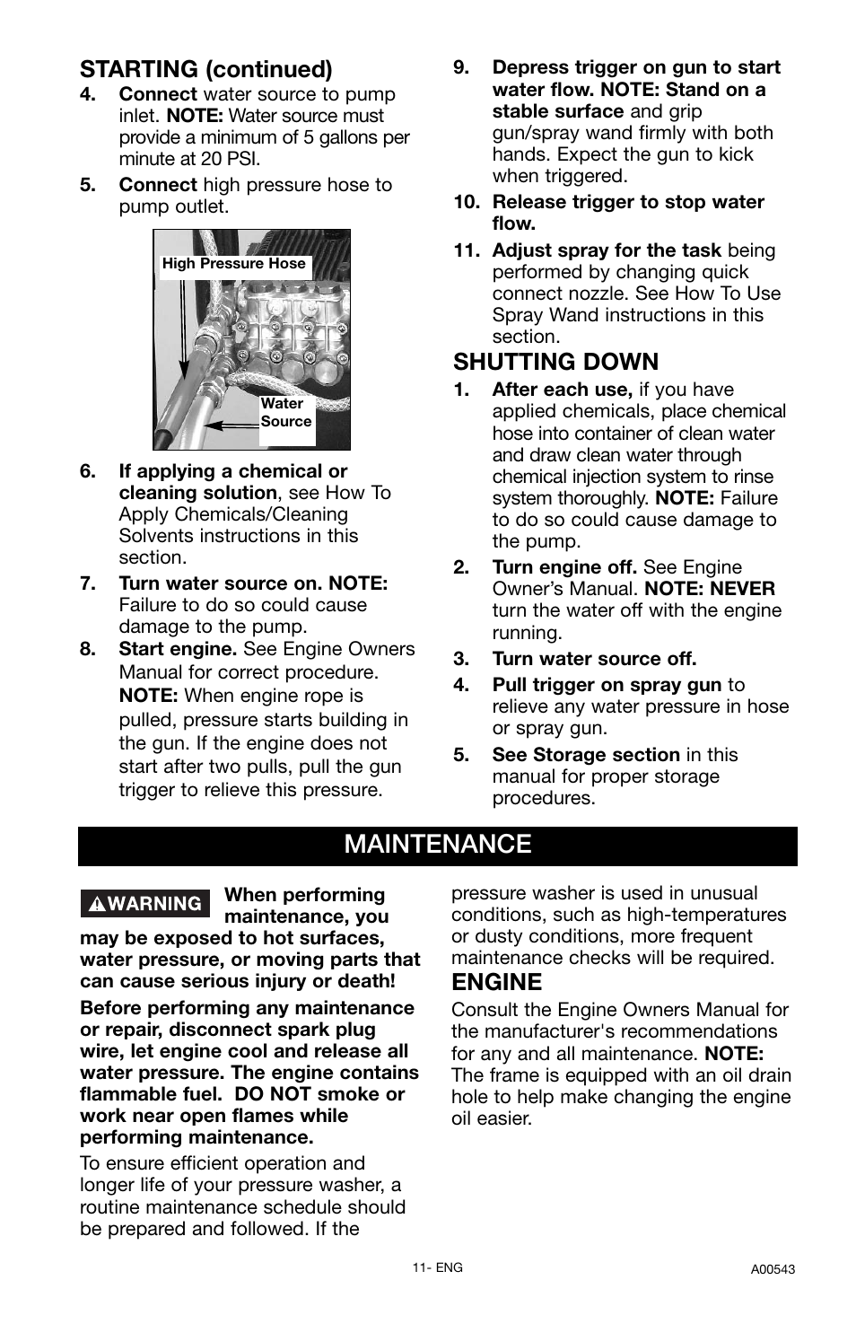 Maintenance, Starting (continued), Shutting down | Engine | Delta A00543 User Manual | Page 11 / 16