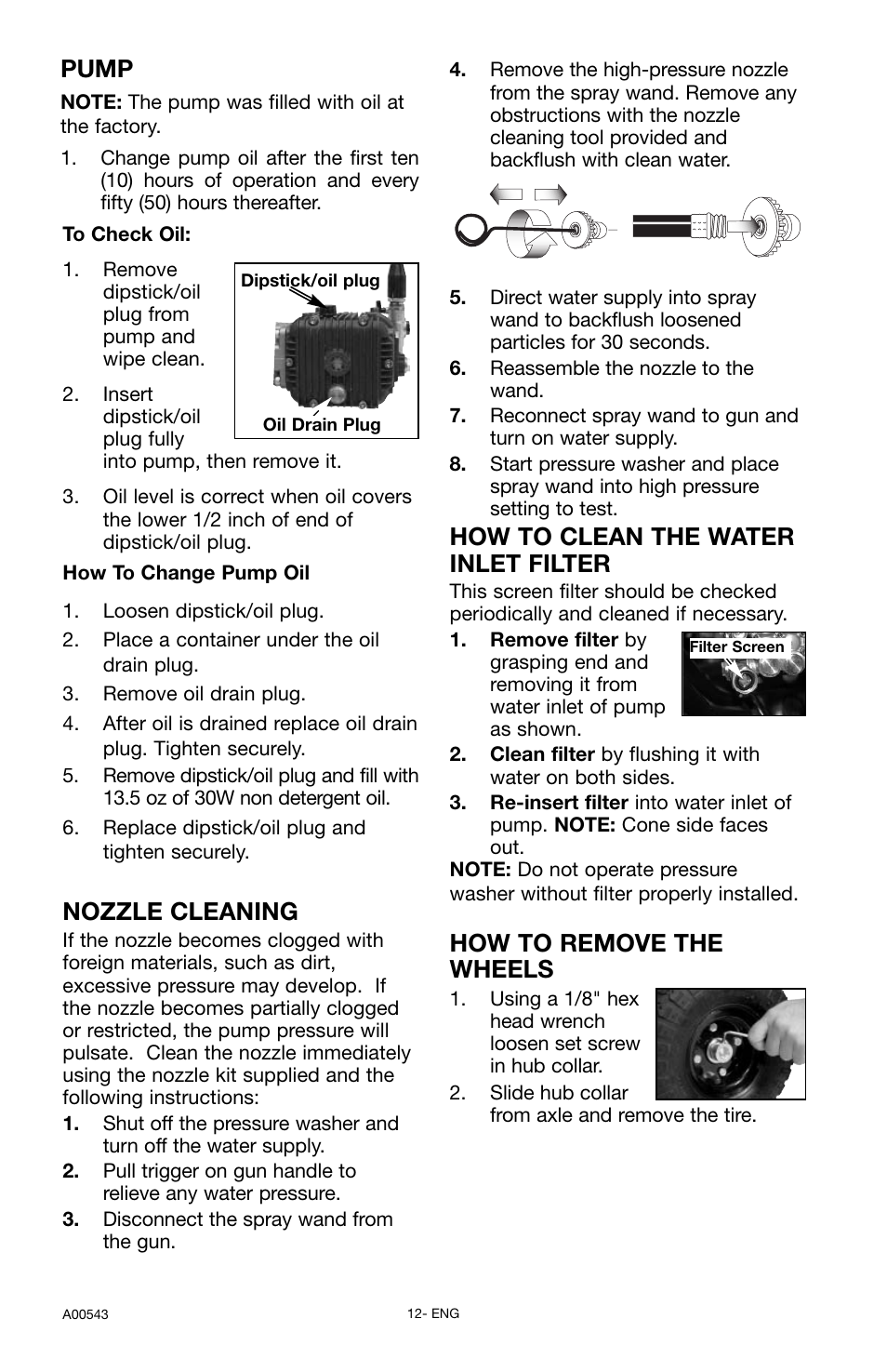 How to clean the water inlet filter, How to remove the wheels, Pump | Nozzle cleaning | Delta A00543 User Manual | Page 12 / 16