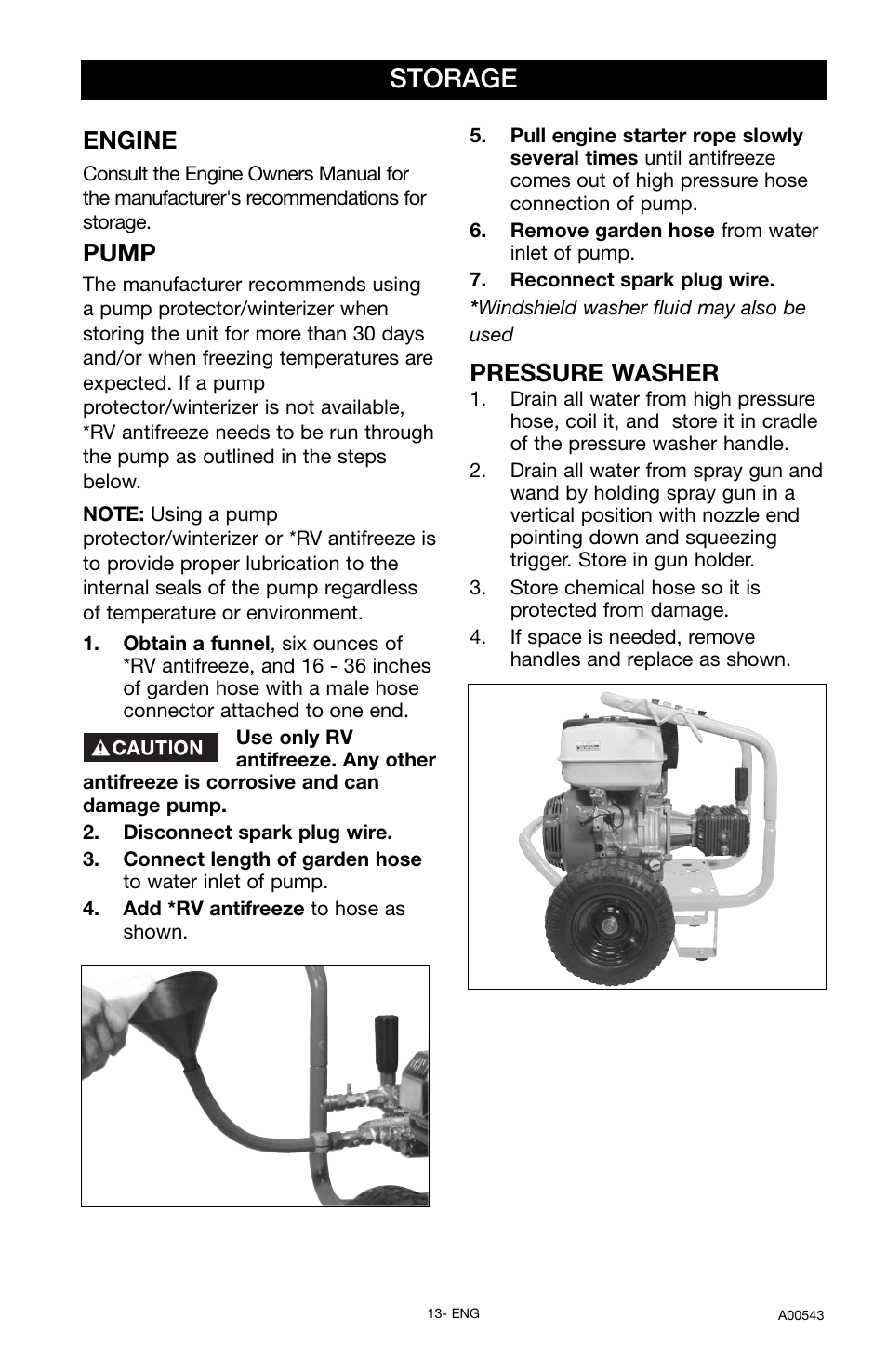 Storage, Engine, Pump | Pressure washer | Delta A00543 User Manual | Page 13 / 16