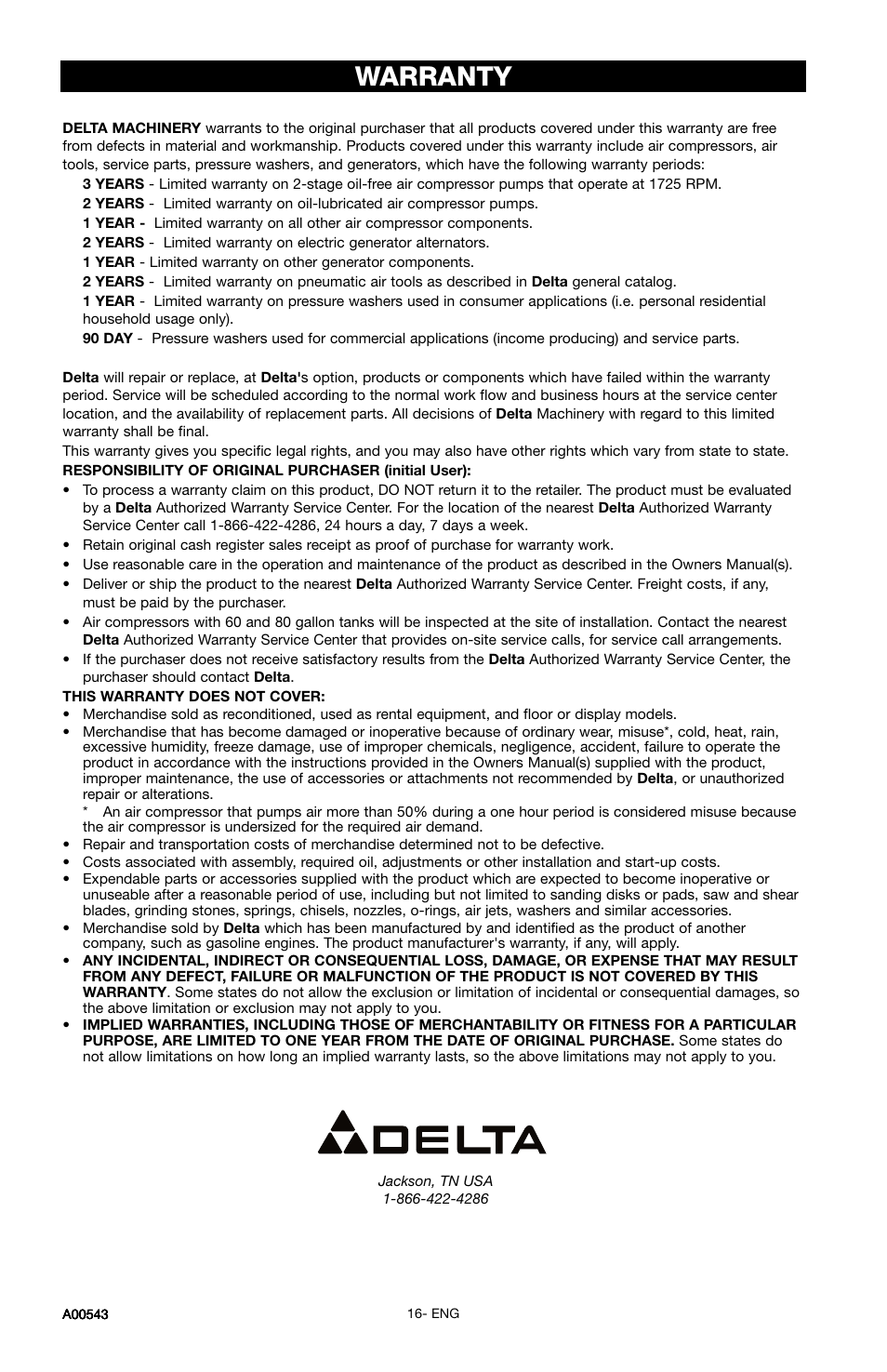 Warranty | Delta A00543 User Manual | Page 16 / 16