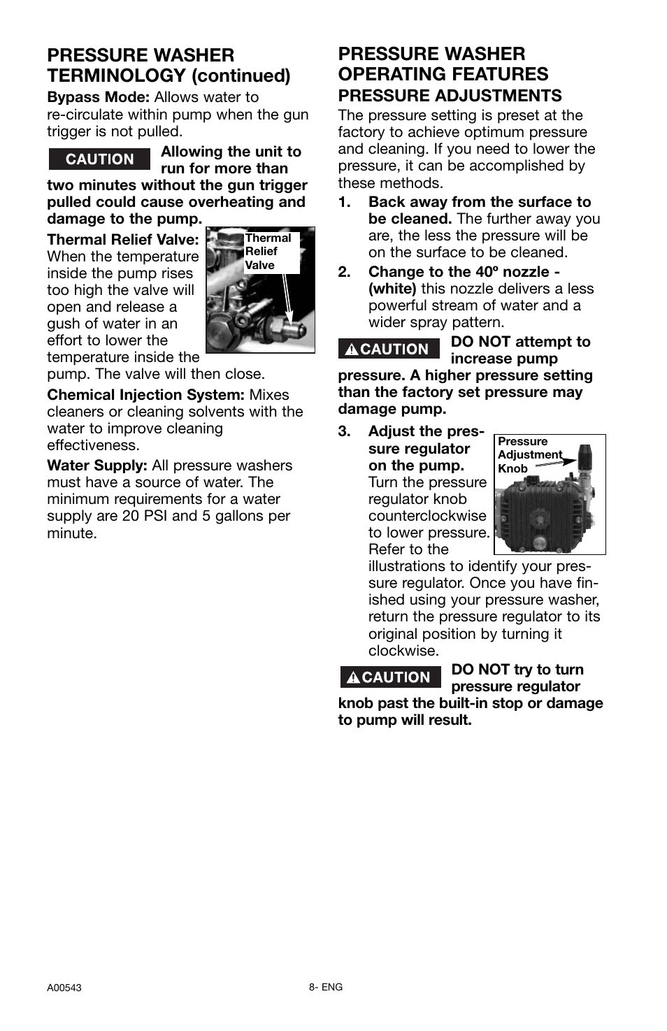 Pressure washer operating features, Pressure washer terminology (continued), Pressure adjustments | Delta A00543 User Manual | Page 8 / 16