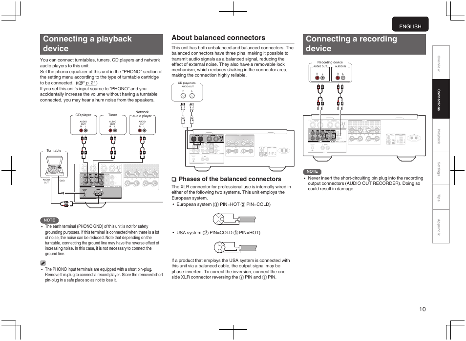 Connecting a playback device, About balanced connectors, Connecting a recording device | P. 10), Nphases of the balanced connectors, English | Marantz PM-10 Stereo 200W Power Amplifier (Black) User Manual | Page 11 / 32