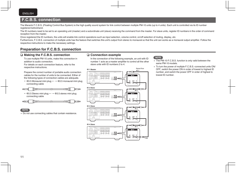 F.c.b.s. connection, Preparation for f.c.b.s. connection, Or more of these units | P. 11), Nmaking the f.c.b.s. connection, Nconnection example | Marantz PM-10 Stereo 200W Power Amplifier (Black) User Manual | Page 12 / 32