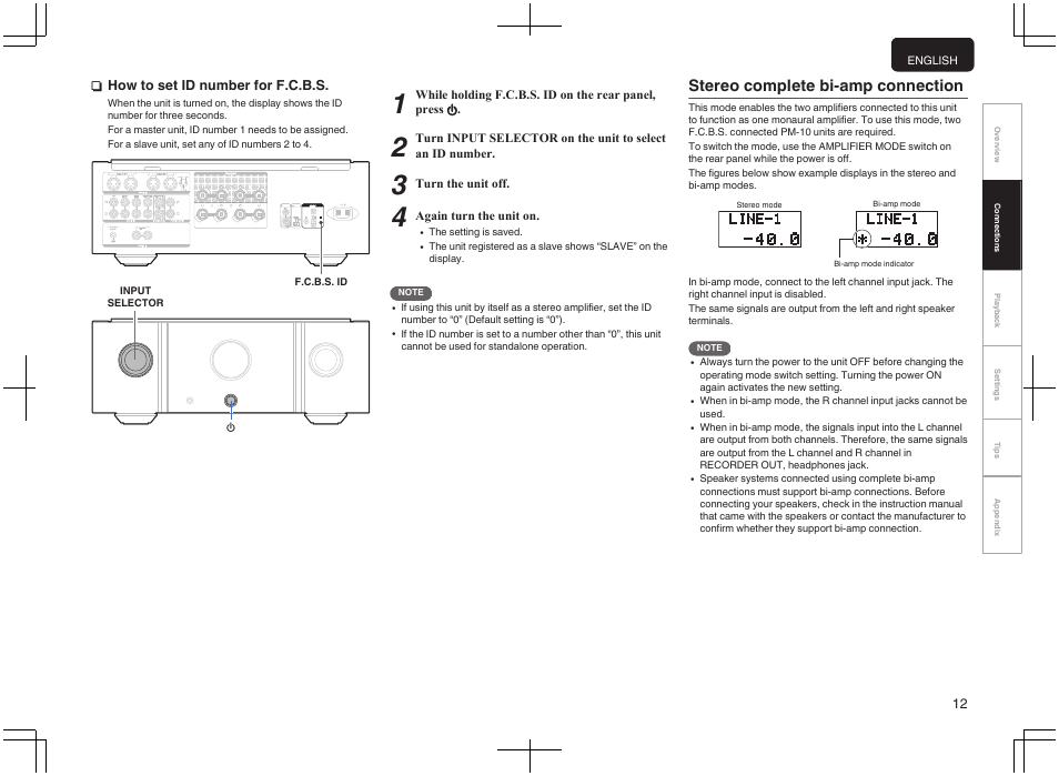 Stereo complete bi-amp connection, P. 12)), Used to set the id number for f.c.b.s | P. 12), Nhow to set id number for f.c.b.s | Marantz PM-10 Stereo 200W Power Amplifier (Black) User Manual | Page 13 / 32