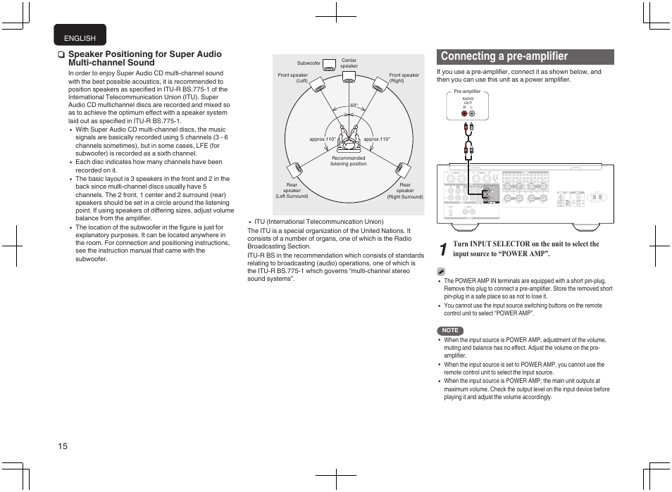 Connecting a pre-amplifier, Power amplifier, P. 15) | Marantz PM-10 Stereo 200W Power Amplifier (Black) User Manual | Page 16 / 32