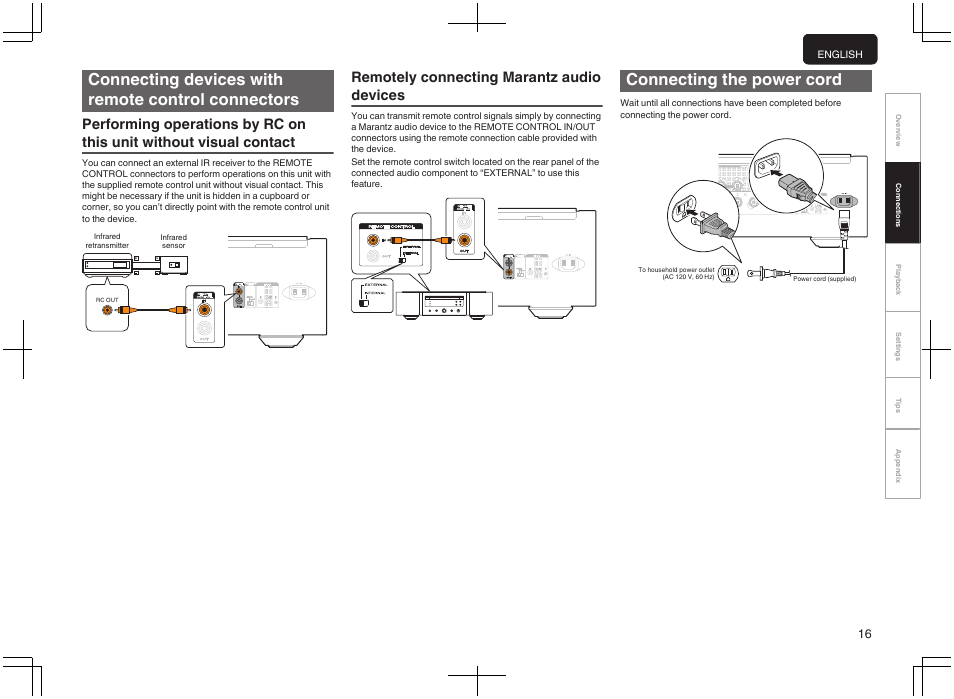 Connecting devices with remote control connectors, Connecting the power cord, Compatible with the remote control function | P. 16), Used to connect the power cord, Remotely connecting marantz audio devices | Marantz PM-10 Stereo 200W Power Amplifier (Black) User Manual | Page 17 / 32