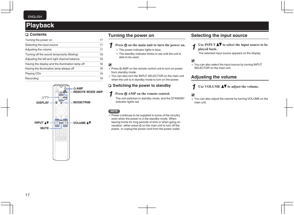 Playback, This selects the input source, P. 17) | This turns the power on/off, Turning the power on, Selecting the input source, Adjusting the volume | Marantz PM-10 Stereo 200W Power Amplifier (Black) User Manual | Page 18 / 32