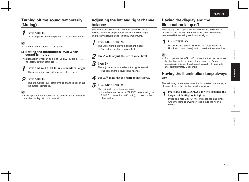 Display, P. 18), This mutes the output audio | Marantz PM-10 Stereo 200W Power Amplifier (Black) User Manual | Page 19 / 32