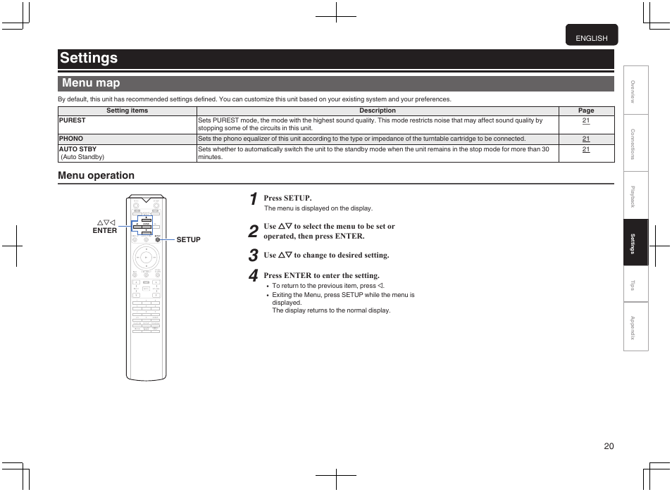 Settings, Menu map, Menu operation | P. 20) | Marantz PM-10 Stereo 200W Power Amplifier (Black) User Manual | Page 21 / 32