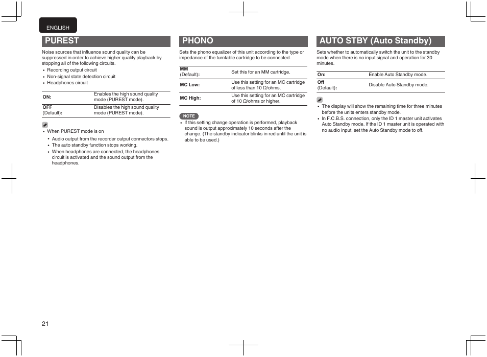 Purest, Phono, Auto stby (auto standby) | Marantz PM-10 Stereo 200W Power Amplifier (Black) User Manual | Page 22 / 32