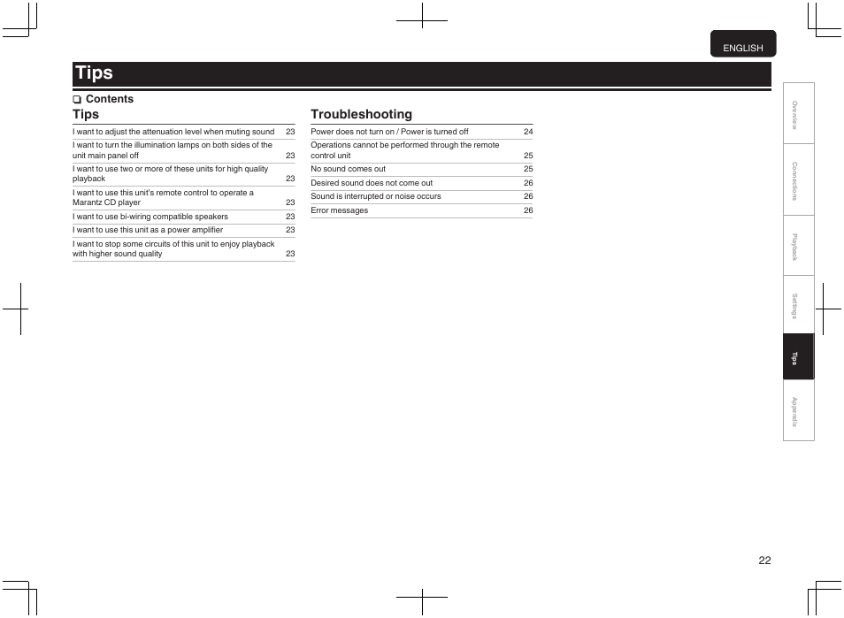 Tips, Troubleshooting, Ncontents | Marantz PM-10 Stereo 200W Power Amplifier (Black) User Manual | Page 23 / 32