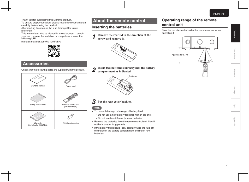 Accessories, About the remote control, Inserting the batteries | Operating range of the remote control unit | Marantz PM-10 Stereo 200W Power Amplifier (Black) User Manual | Page 3 / 32