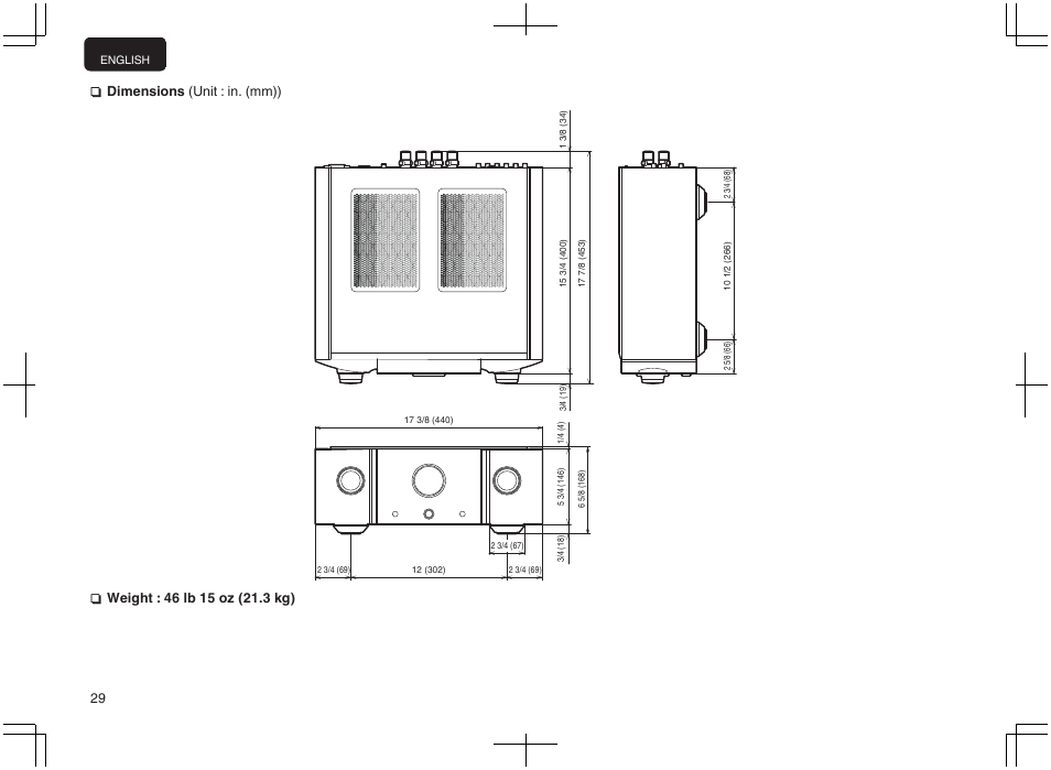 Ndimensions (unit : in. (mm)) | Marantz PM-10 Stereo 200W Power Amplifier (Black) User Manual | Page 30 / 32