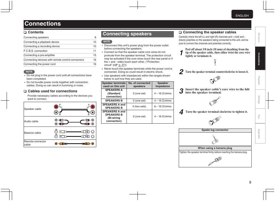 Connections, Connecting speakers, Used to connect speakers | P. 8), Ncontents, Ncables used for connections, Nconnecting the speaker cables | Marantz PM-10 Stereo 200W Power Amplifier (Black) User Manual | Page 9 / 32