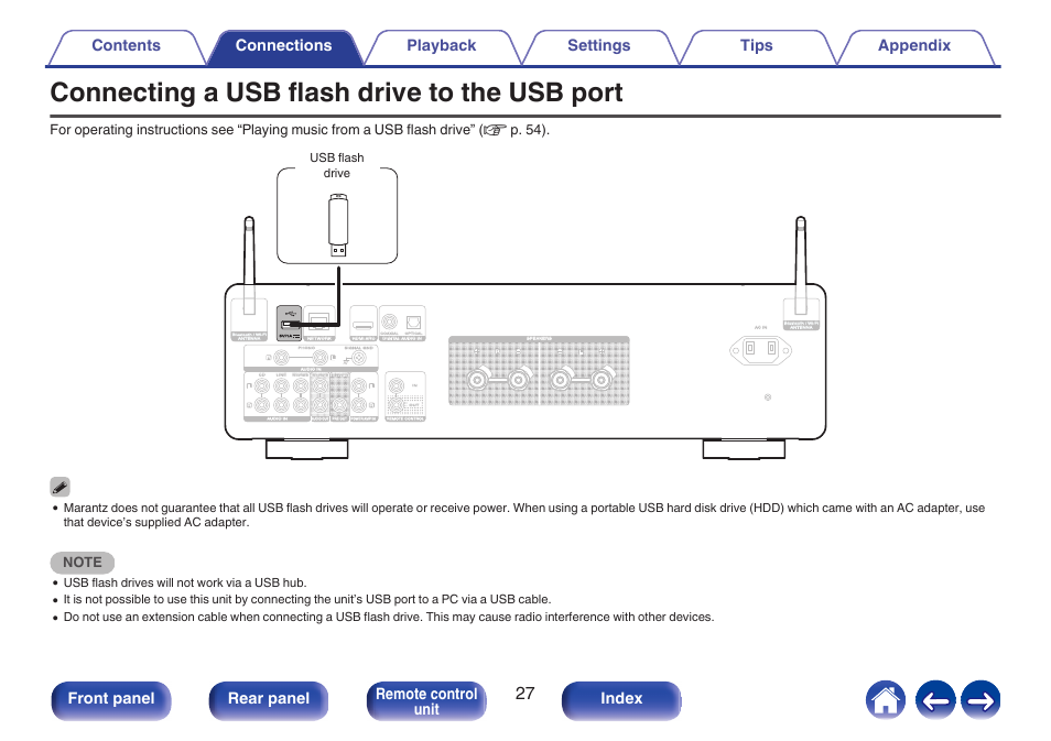 Connecting a usb flash drive to the usb port, P. 27), Front panel rear panel remote control unit index | Marantz MODEL 40n Stereo 140W Integrated Amplifier (Black) User Manual | Page 27 / 114