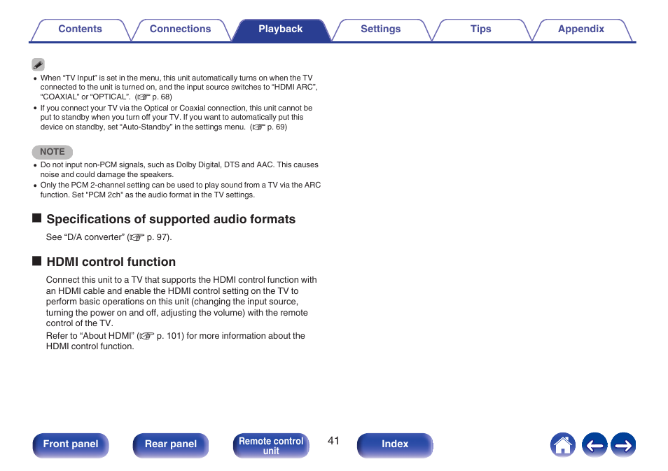 Ospecifications of supported audio formats, Ohdmi control function | Marantz MODEL 40n Stereo 140W Integrated Amplifier (Black) User Manual | Page 41 / 114