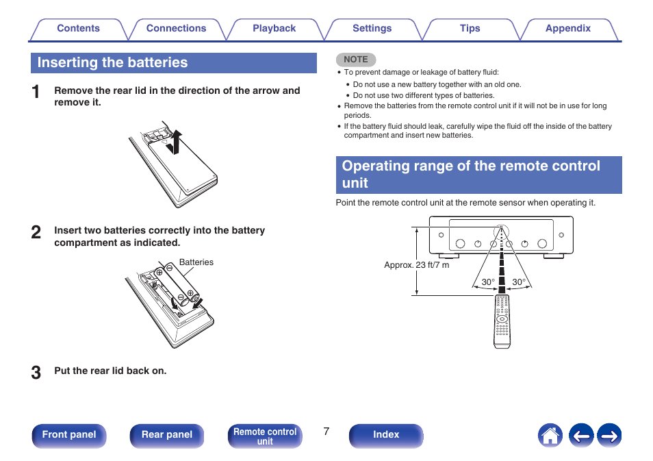 Inserting the batteries, Operating range of the remote control unit | Marantz MODEL 40n Stereo 140W Integrated Amplifier (Black) User Manual | Page 7 / 114