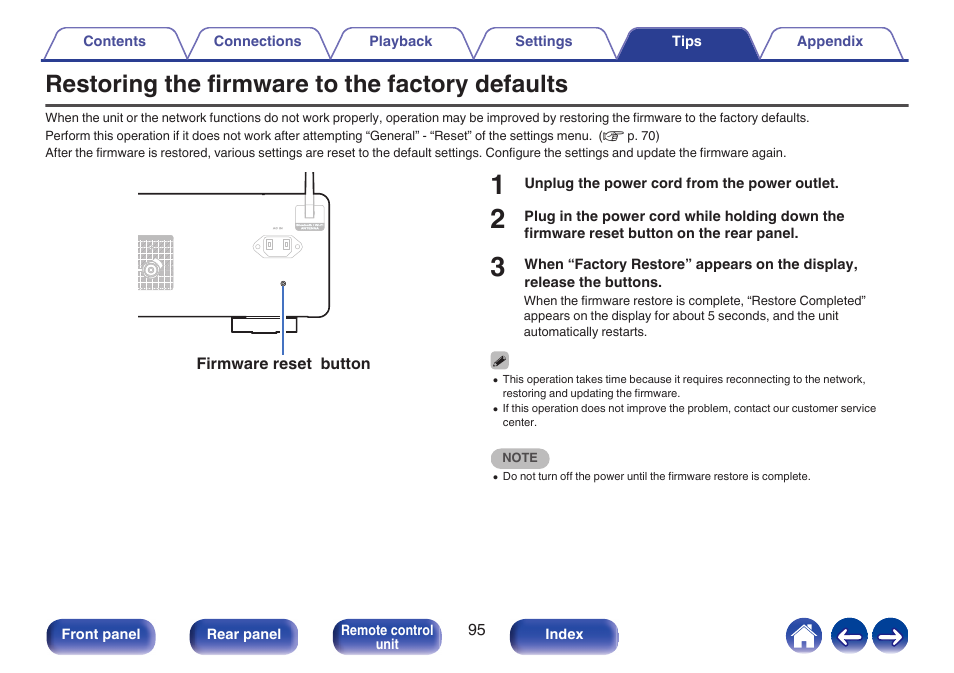 Restoring the firmware to the factory defaults, Used to reset the firmware to the default state, P. 95) | Firmware reset button | Marantz MODEL 40n Stereo 140W Integrated Amplifier (Black) User Manual | Page 95 / 114