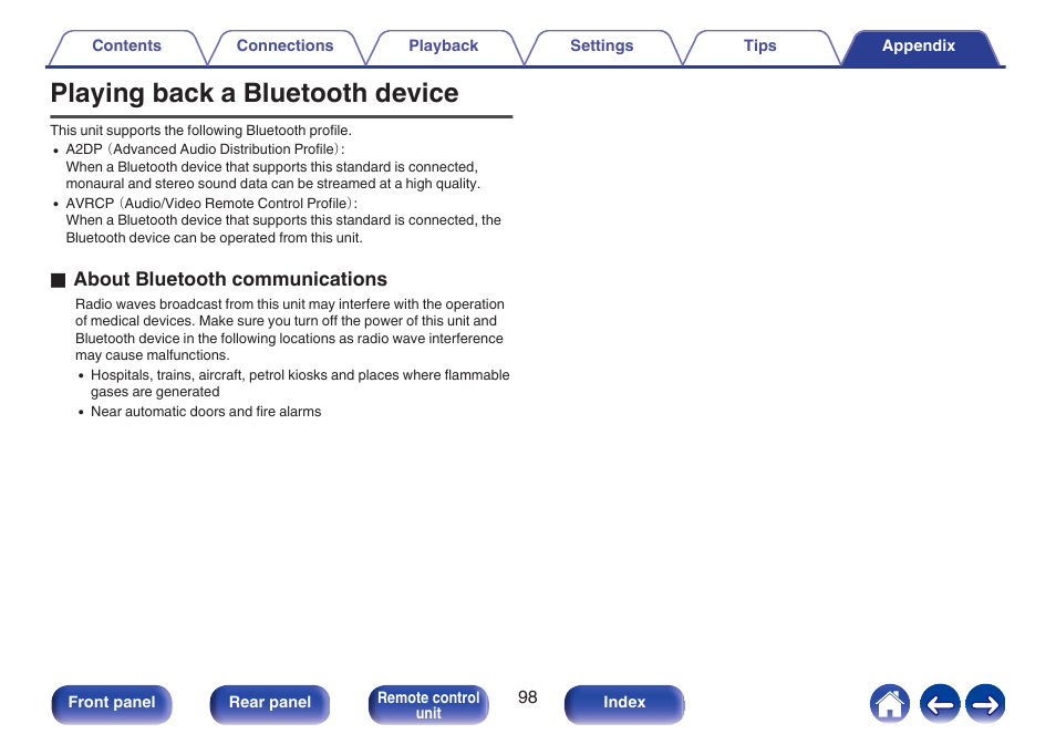 Playing back a bluetooth device, Oabout bluetooth communications | Marantz MODEL 40n Stereo 140W Integrated Amplifier (Black) User Manual | Page 98 / 114