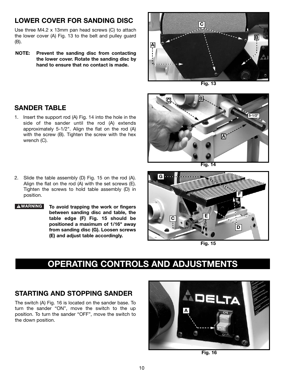Operating controls and adjustments, Lower cover for sanding disc, Sander table | Starting and stopping sander | Delta (Model 31-695) User Manual | Page 10 / 21