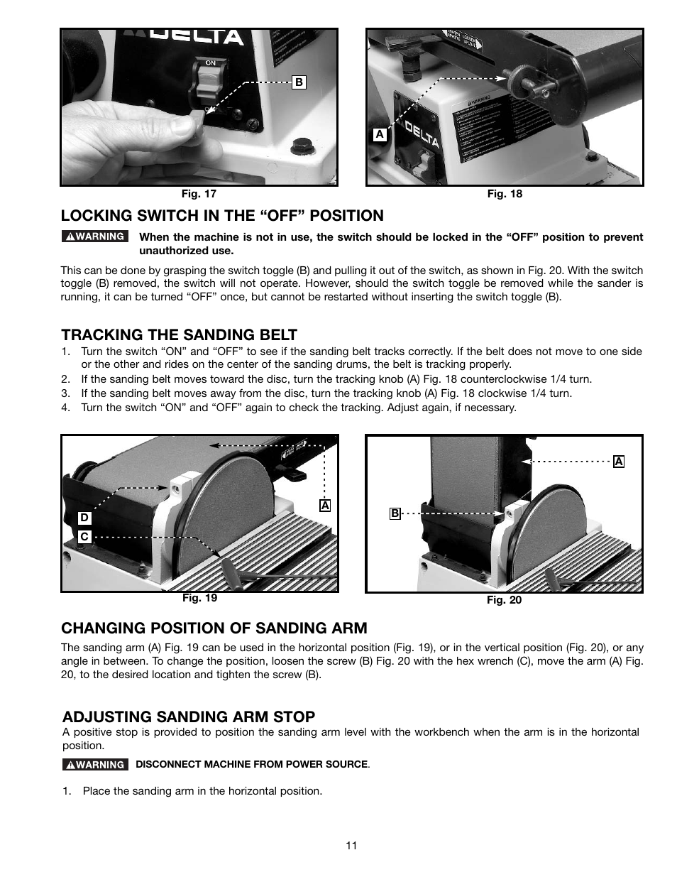 Locking switch in the “off” position, Tracking the sanding belt, Changing position of sanding arm | Adjusting sanding arm stop | Delta (Model 31-695) User Manual | Page 11 / 21